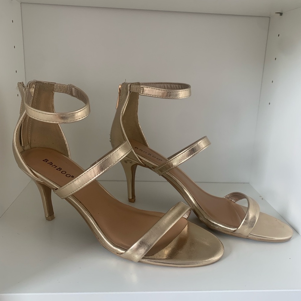 BAMBOO Gold Strappy Heels with Metallic Finish